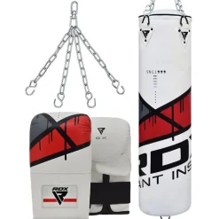 RDX F7 4ft / 5ft 3-in-1 Ego White / Red Training Punch Bag with Mitts Set