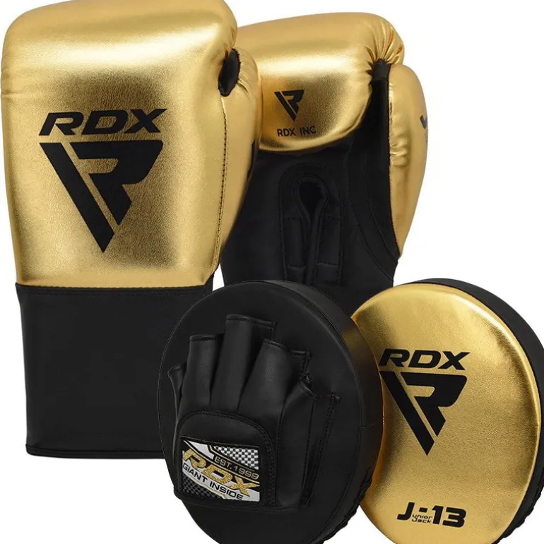 RDX J13 KIDS 8oz Golden Boxing Gloves & Pads Set