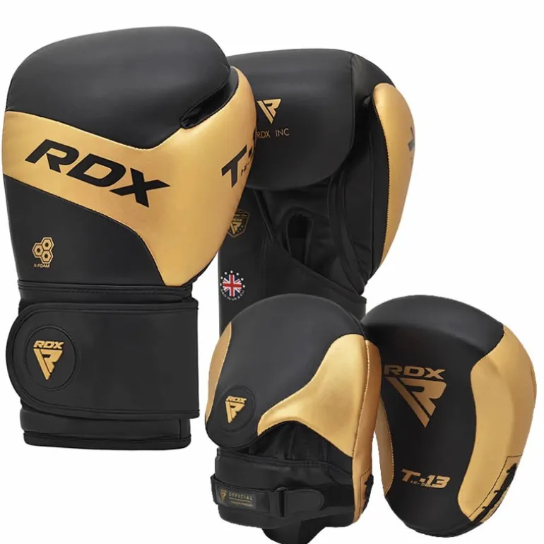 RDX T13 Boxing Gloves & Focus Pads Golden / Black